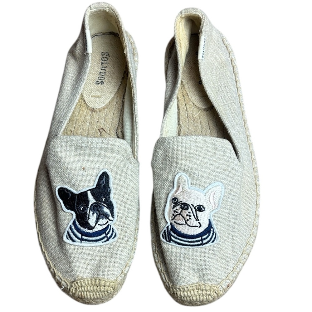 Soludos Tan Cream Canvas Espadrilles French Bulldogs Sz 7.5 NWOT - Picture 1 of 10